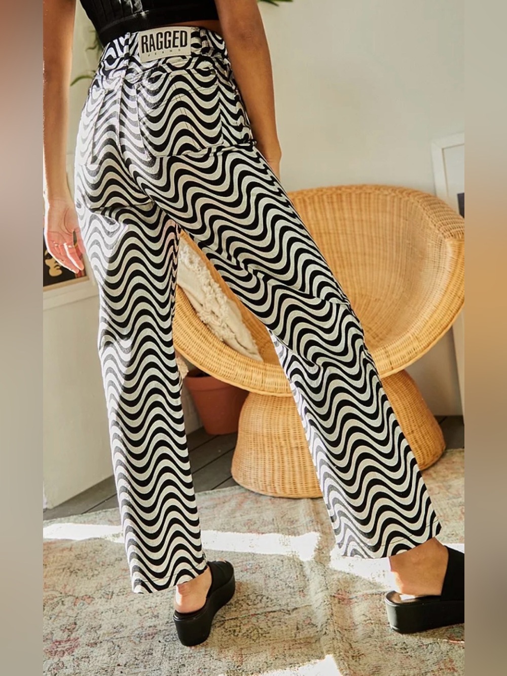 Ragged Black & silver Wave-Print Straight-Leg Pants  size 26 NWT inseam 29